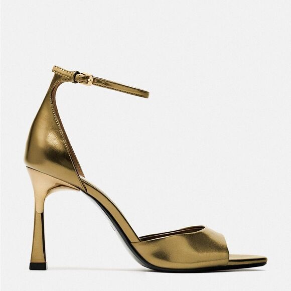 ZARA ANKLE STRAP HEELED METALLIC SANDALS - Picture 4 of 10